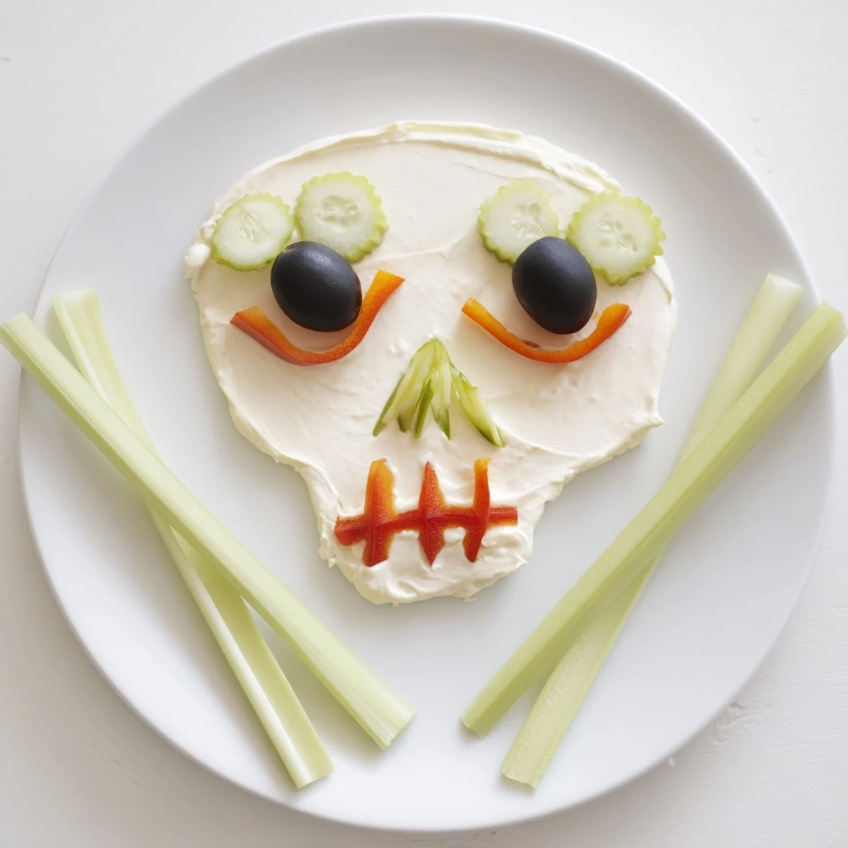 Spooky Skull & Bones Spread features a creamy skull appetizer with crunchy veggie "bones" for Halloween.