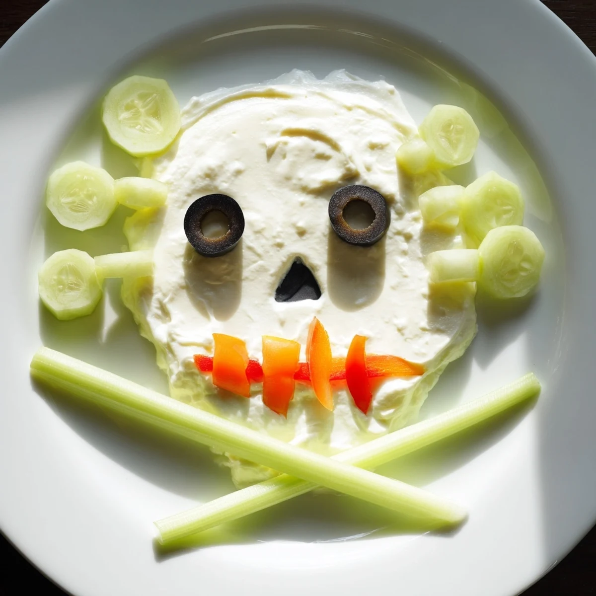 A festive Skull & Bones Spooky Spread, artfully arranged on a platter with veggie "bones" looks delicious.