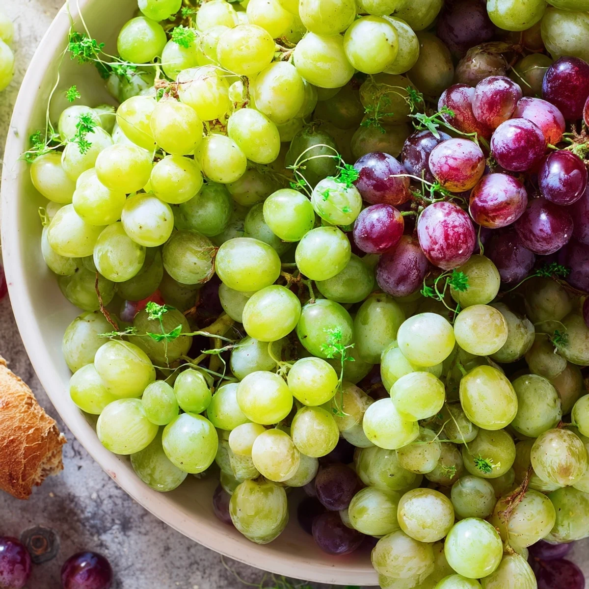 Fresh Vineyard Grape Cluster Drop appetizer arranged elegantly with rustic bread stem for a party.
