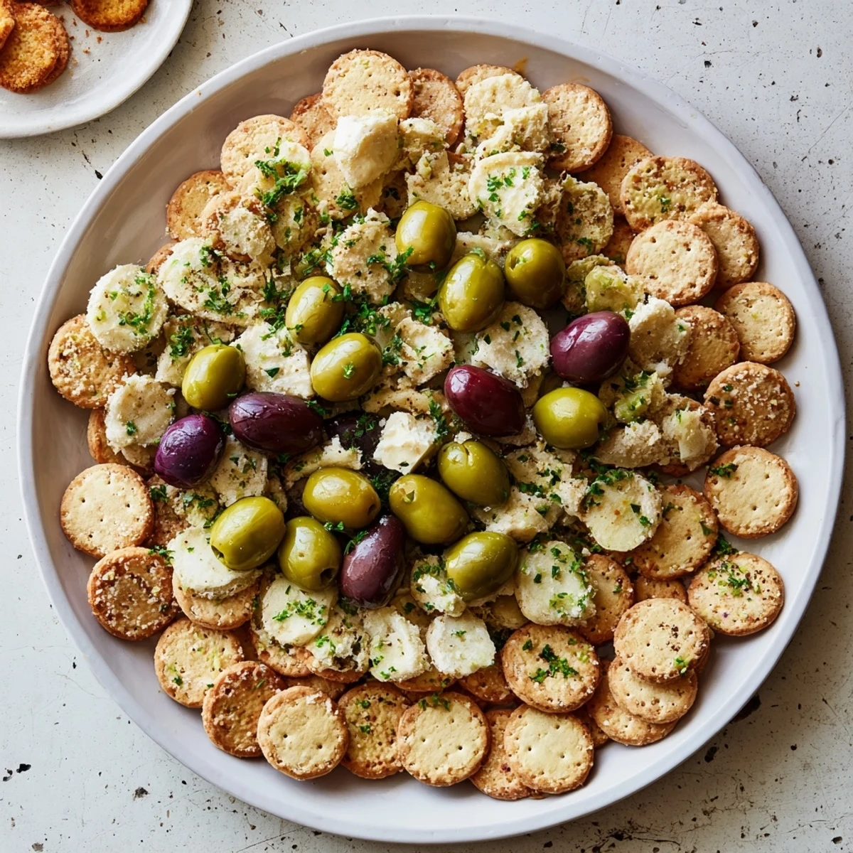 Cobblestone Courtyard appetizer: A beautiful platter of crackers, olives, and herbs, perfect for sharing.