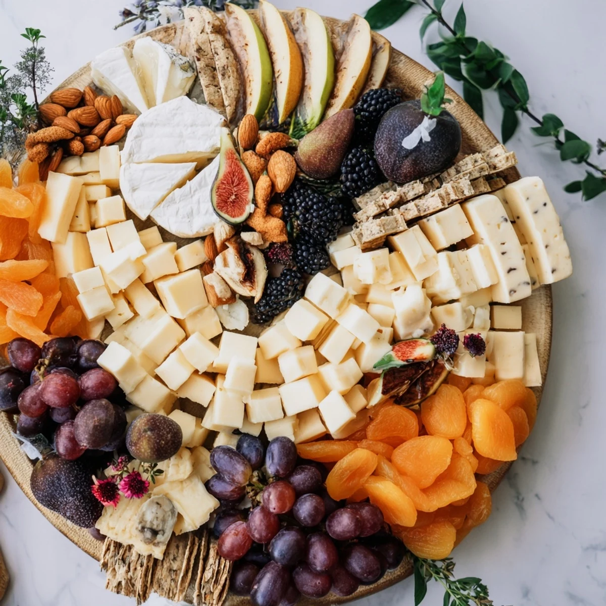 Vibrant Yin-Yang Balance appetizer board showcasing contrasting cheeses, fruits and crackers beautifully arranged.