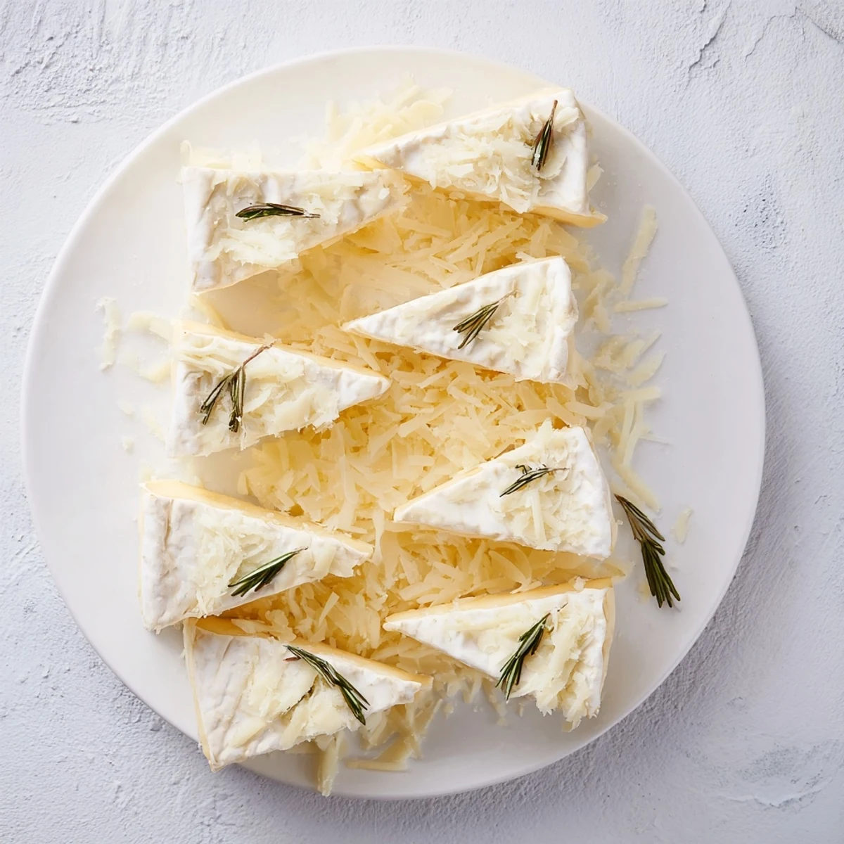 Easy Snowcapped Range recipe: Brie wedges shaped like peaks, with a Parmesan snow dusting and thyme garnish.