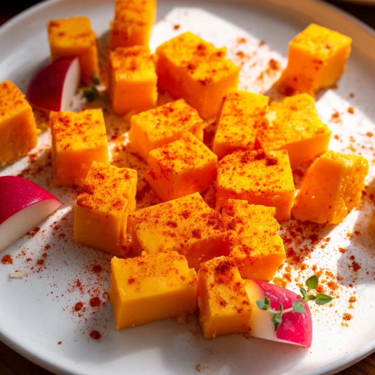 The Autumn Ember appetizer features a visually stunning layout of cheese ‘embers’ with red apple wedges.