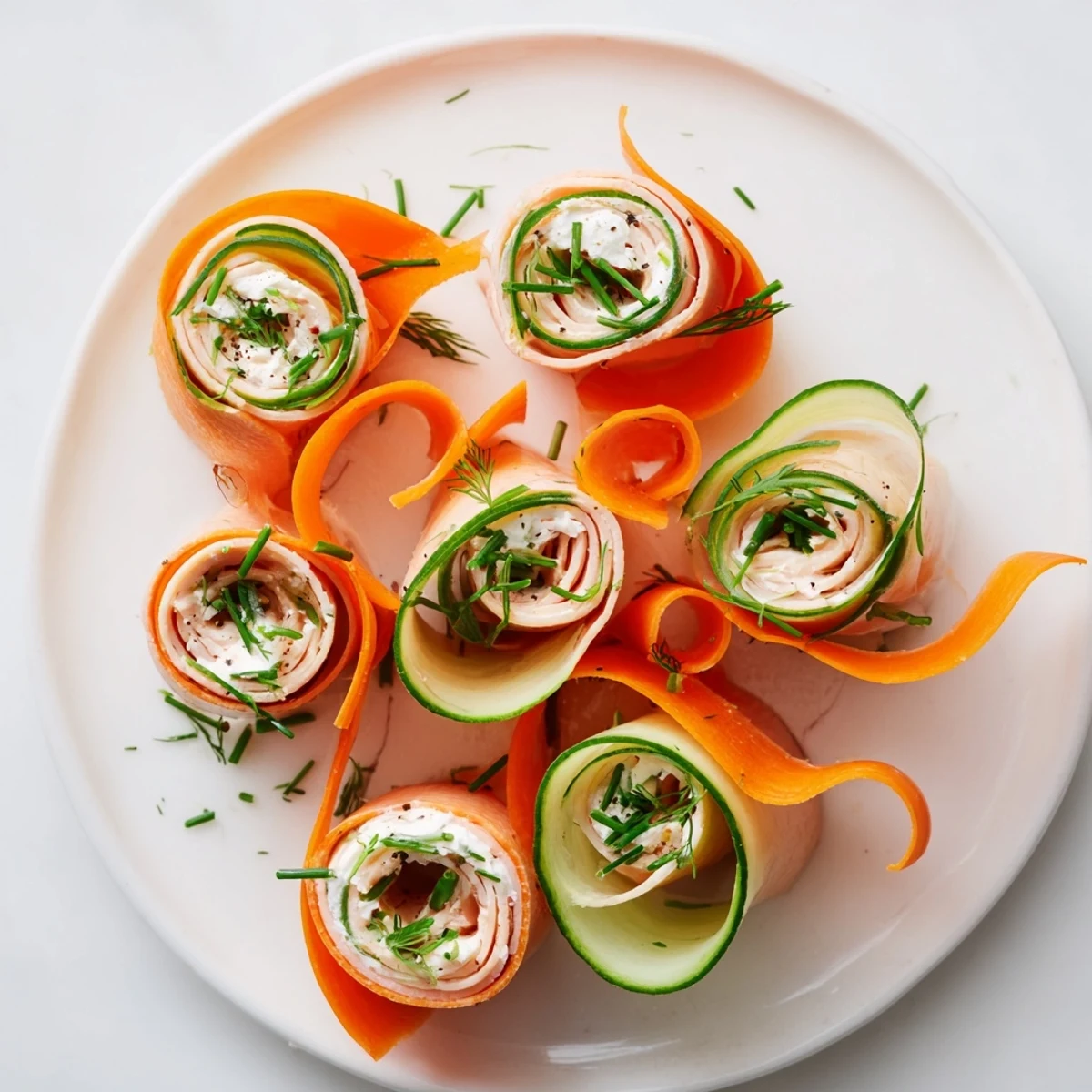 A close-up of The Ribbon Dancer: showing artfully spiraled turkey rolls with fresh herbs and veggies.