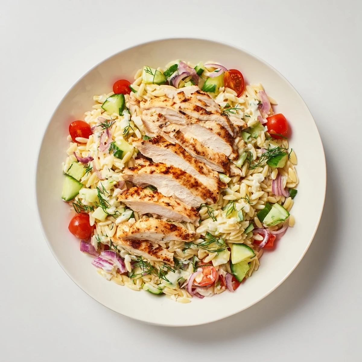 Mediterranean Greek Chicken Gyro Pasta Bowls with grilled chicken, fresh veggies, and creamy feta yogurt.