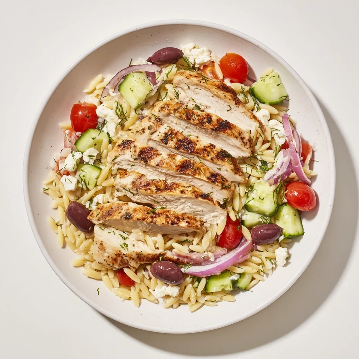 Look at this beautiful serving of Greek Chicken Gyro Pasta Bowls; a bright, inviting Mediterranean feast.