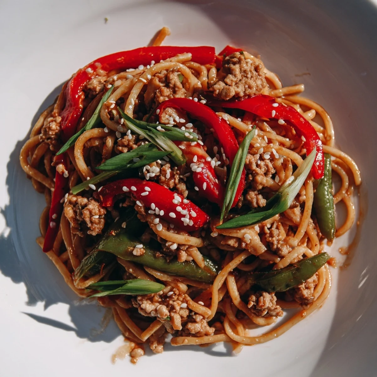 Steaming bowl of Sesame Hoisin Ground Chicken Pasta, full of vibrant vegetables and savory sauce.