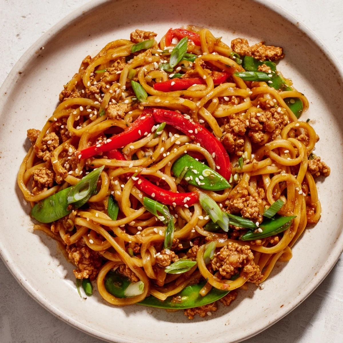 This delicious Sesame Hoisin Ground Chicken Pasta, with sesame seeds, looks fresh and fragrant.