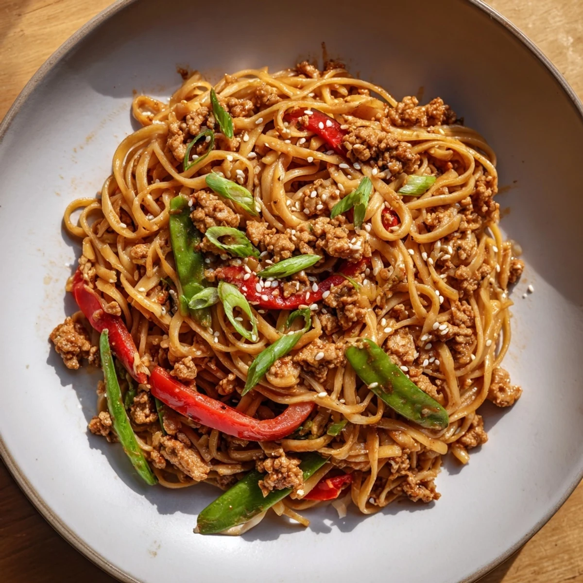 Close-up of the finished Sesame Hoisin Ground Chicken Pasta, a flavorful fusion dinner ready to enjoy.
