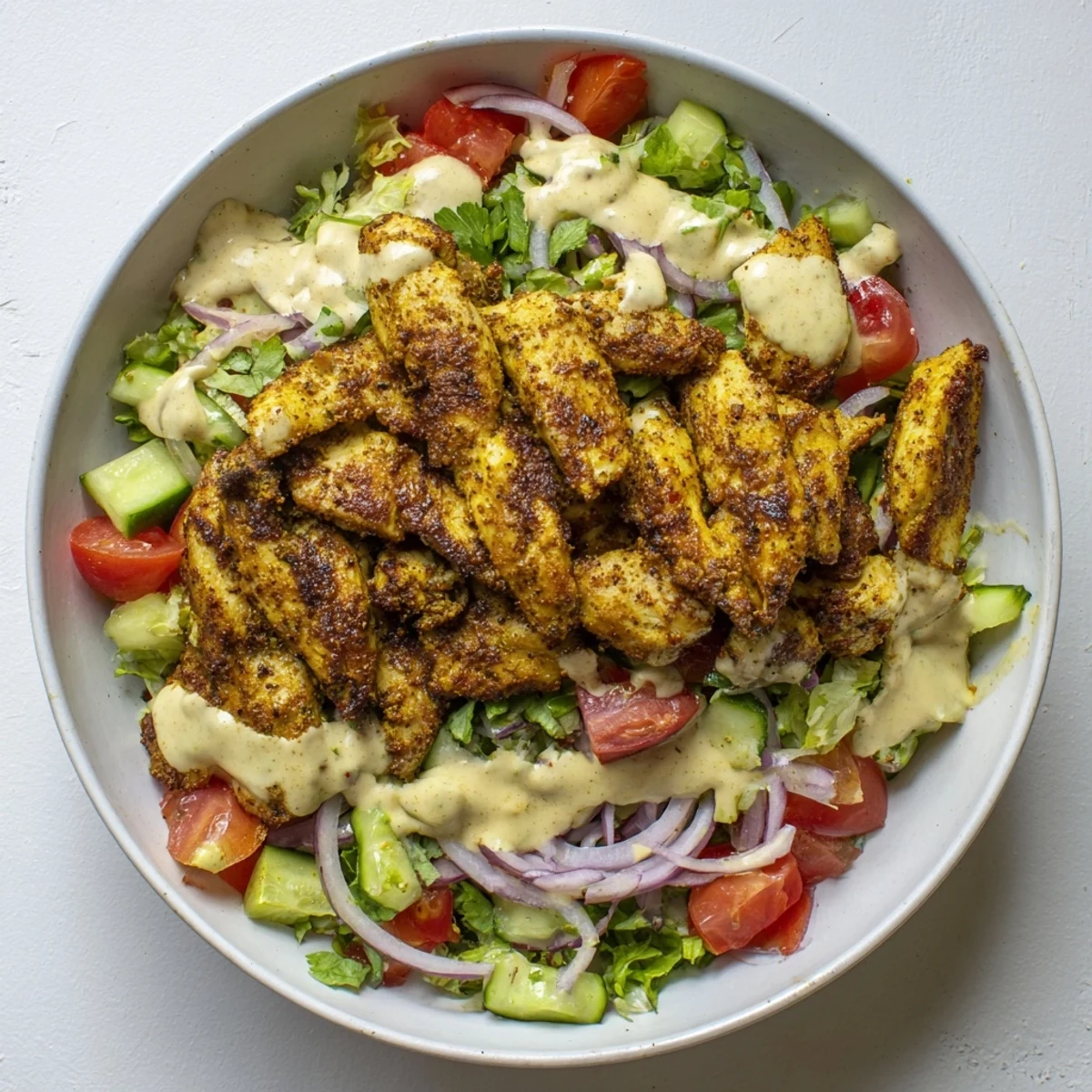 Juicy chicken shawarma salad glistening with tahini dressing, a Middle Eastern delight.