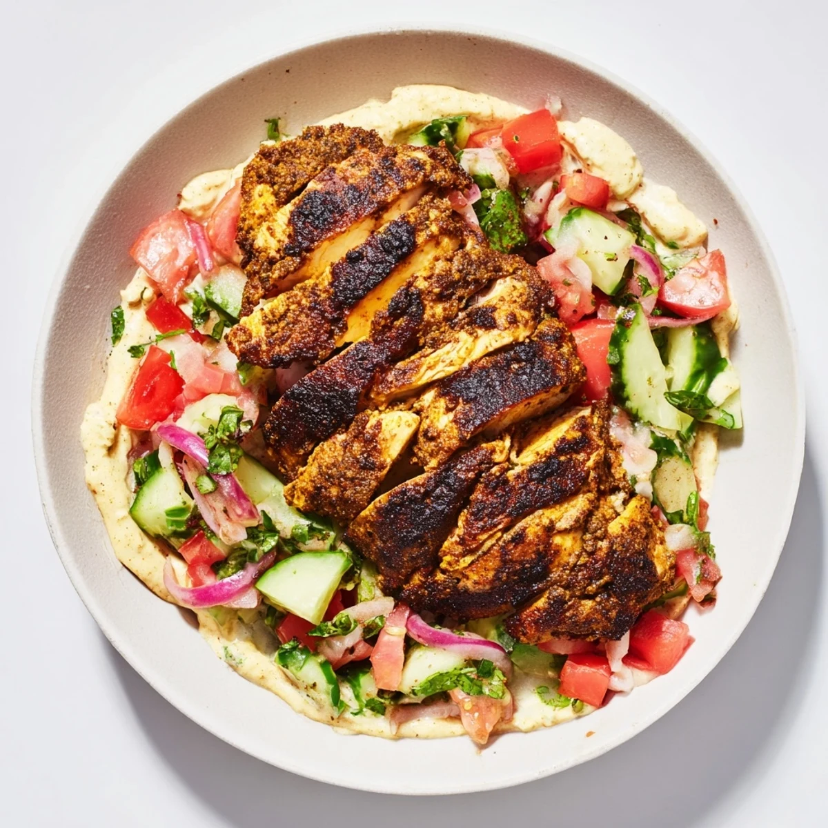Creamy tahini coats tender chicken shawarma salad, a delicious and easy Middle Eastern meal.