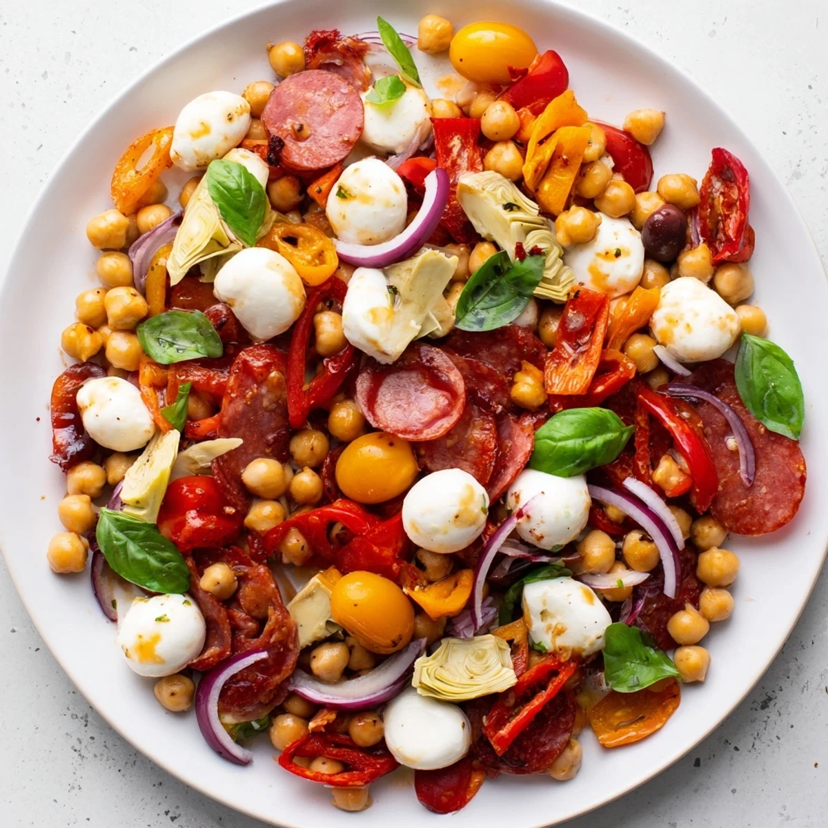 Vibrant Antipasto Chickpea Salad overflowing with colorful vegetables and creamy mozzarella in a large bowl.