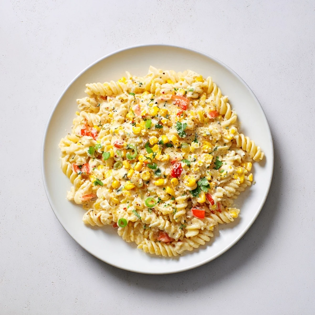Creamy One-Pot Mexican Street Corn Pasta with vibrant corn and a sprinkle of spicy seasonings.