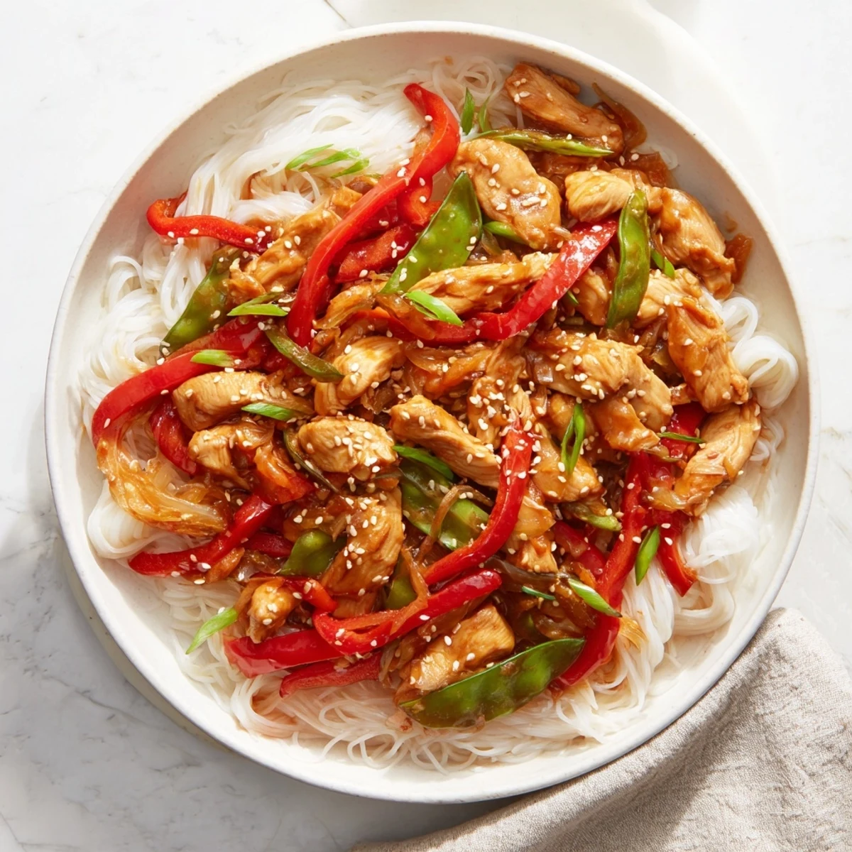 Steaming Mongolian Chicken with Rice Noodles: a close-up of tender chicken and vibrant veggies.