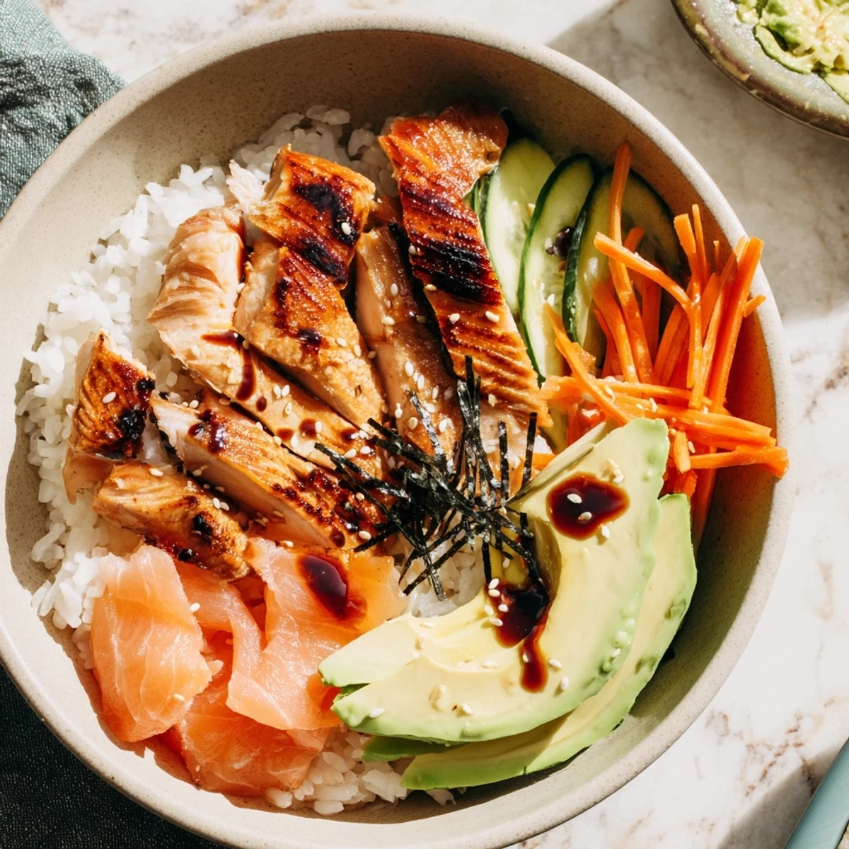 Vibrant Japanese-style salmon and chicken rice bowl, served with fresh avocado and toasted sesame seeds.