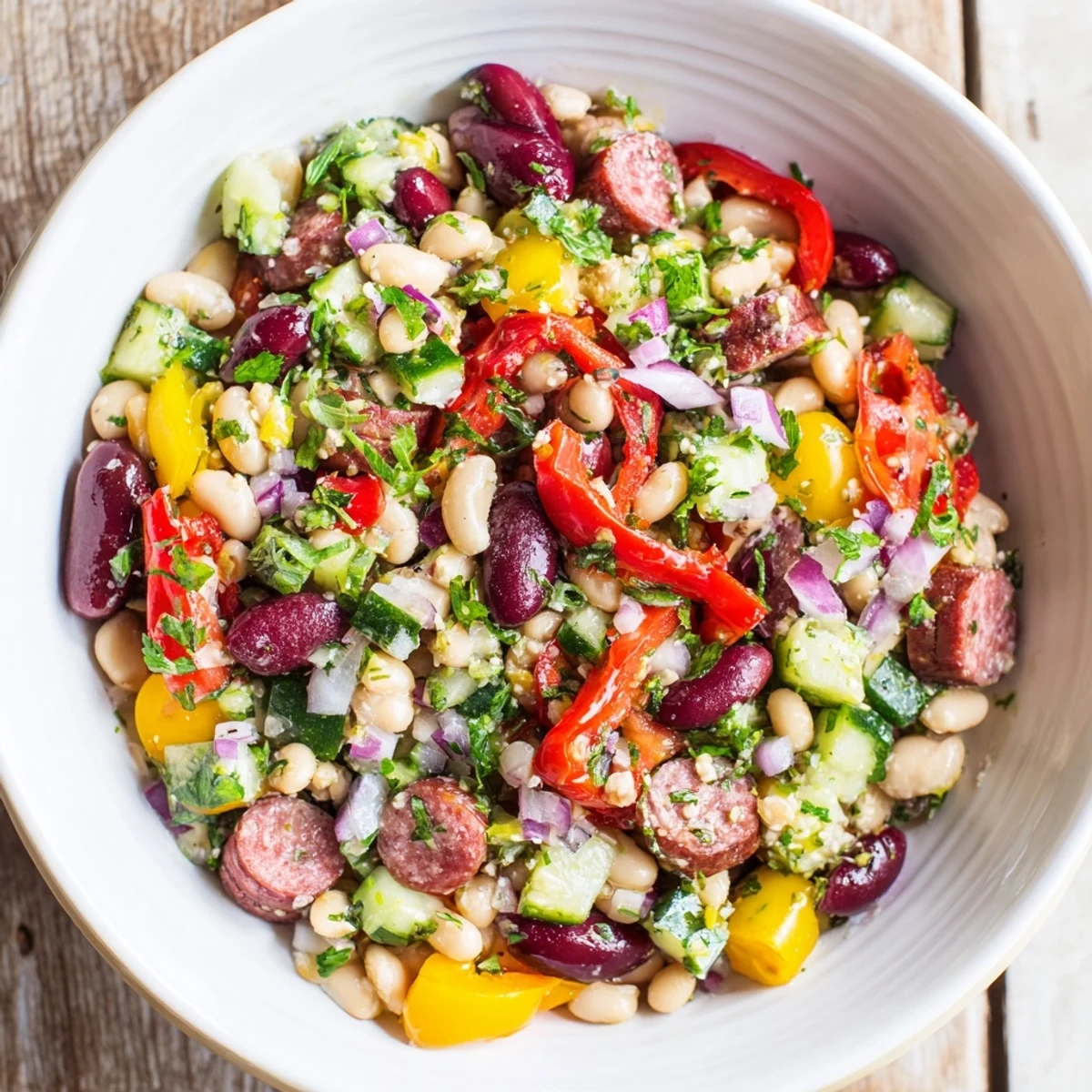 This Mediterranean Dense Bean Salad with salami is a colorful, hearty salad featuring flavorful salami and briny olives.