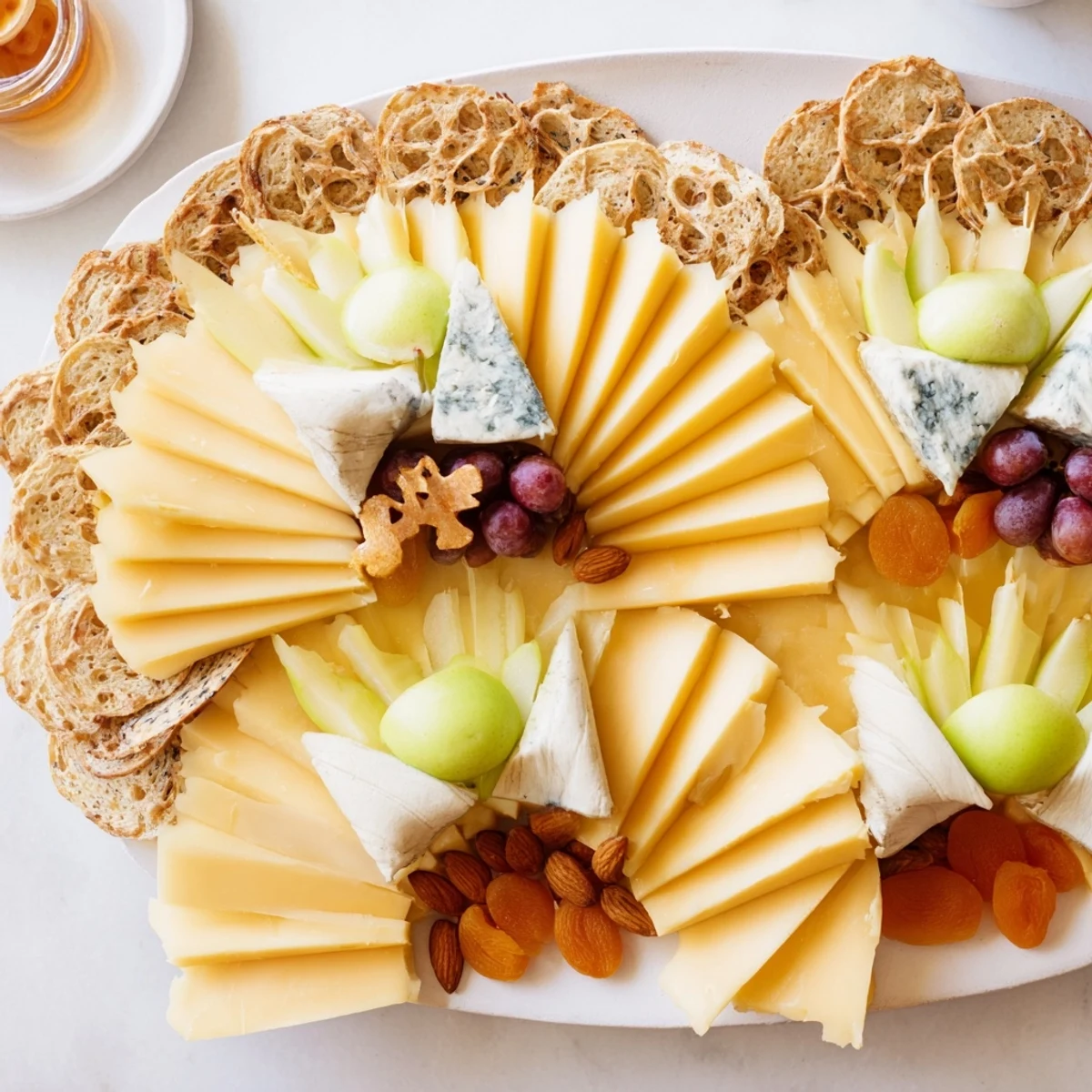 The Art Deco Arch Cheese Platter displays Gruyère and other cheeses arranged like elegant skyscrapers.