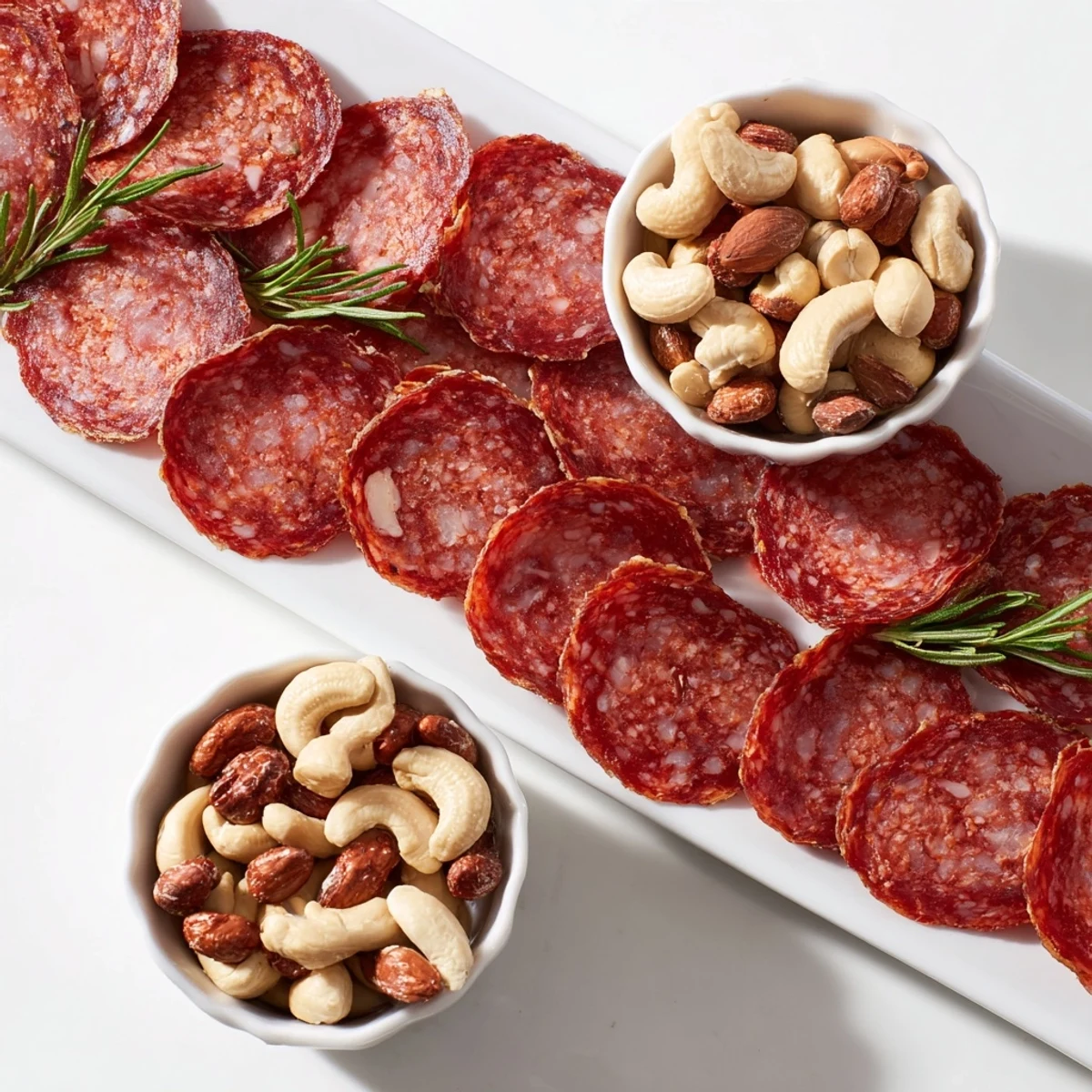 Salami arranged in an "Infinity Loop," an elegant appetizer with mixed nuts and fresh herbs.