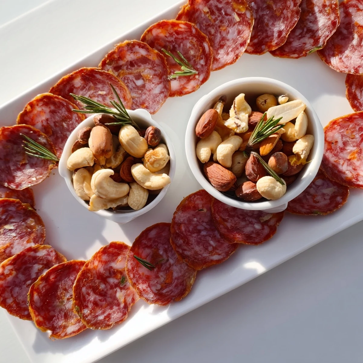 Appetizing "Infinity Loop" charcuterie: seamlessly looping salami and nuts, ready for a party.