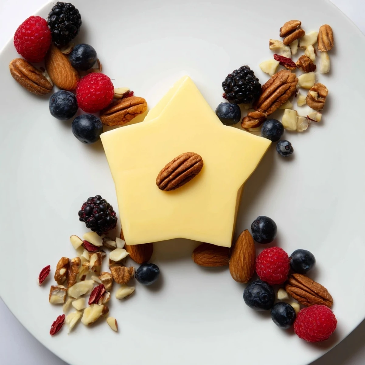 A Shooting Star Cheese Board, featuring star cheese surrounded by berries and nuts, ready to enjoy.