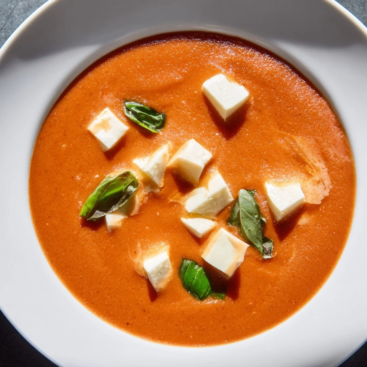 Steaming bowl of creamy tomato mozzarella soup, garnished with fresh basil for a comforting lunch.