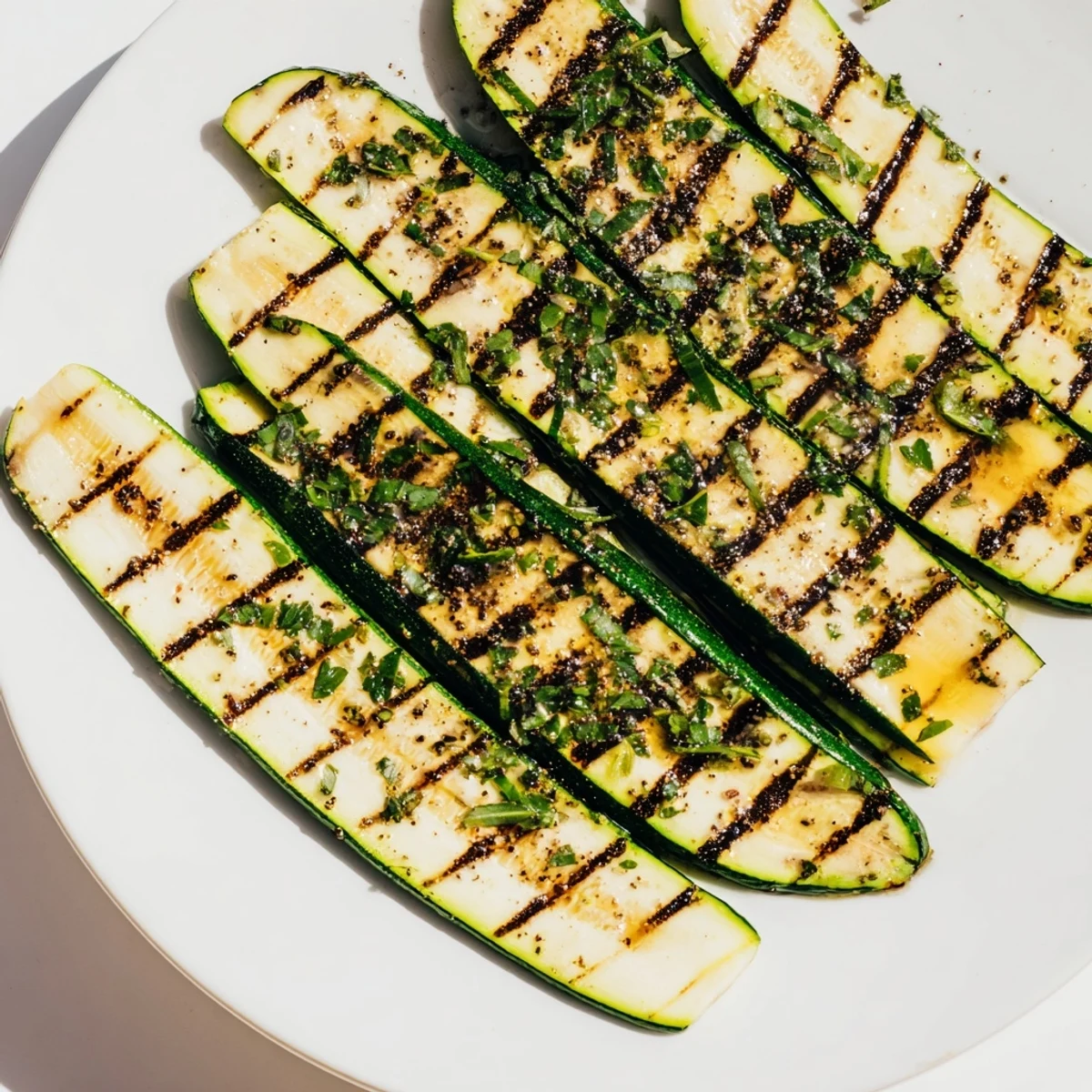 Grilled Garlic Herb Zucchini slices, beautifully marked, ready to serve as a fresh vegetarian side.