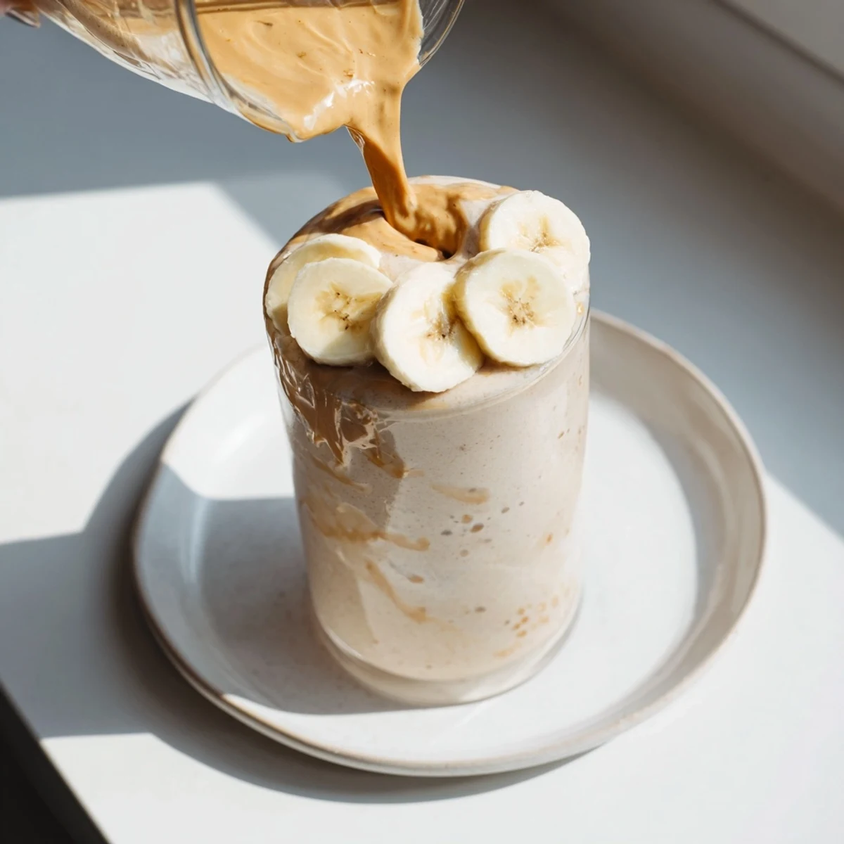 A thick Peanut Butter Banana Smoothie, swirled in a glass, ready for a creamy morning sip.