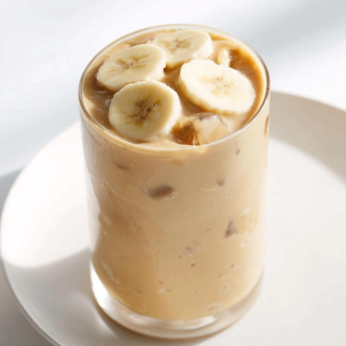 Enjoy a cold, blended Peanut Butter Banana Smoothie, perfectly smooth with visible banana slices on top.