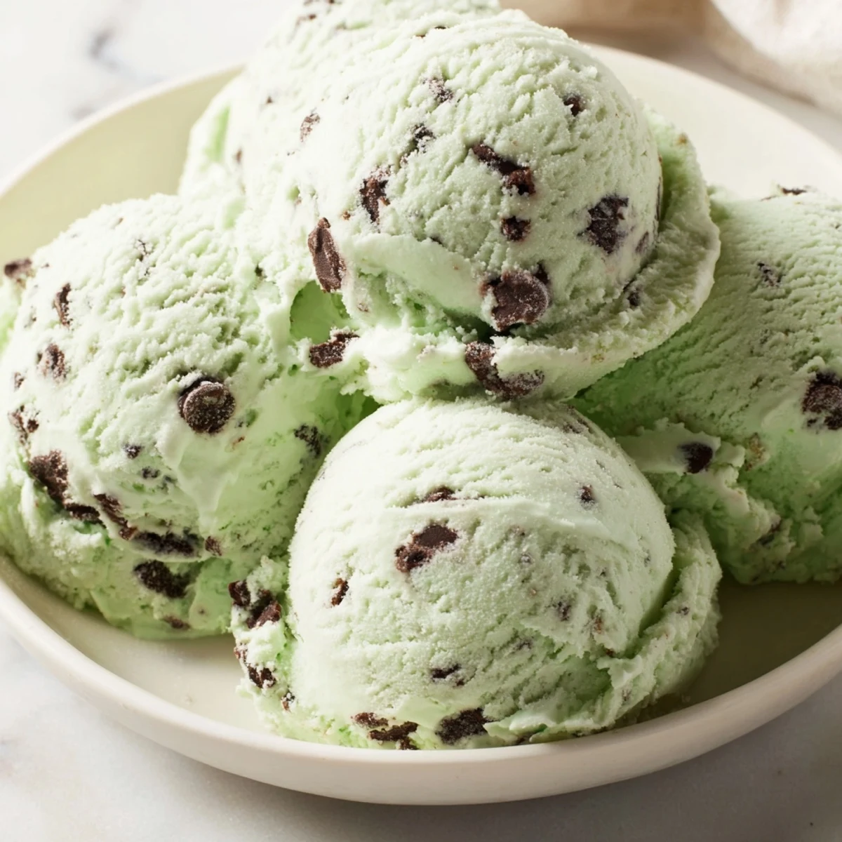 A generous scoop of homemade mint chocolate chip ice cream, swirled with dark chocolate chips.