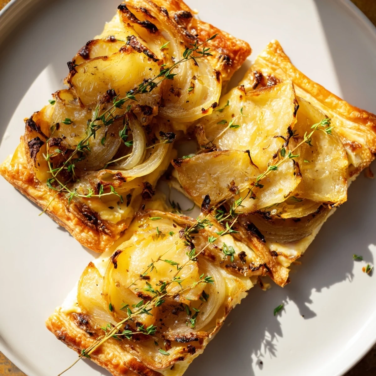 Freshly baked Caramelized Onion Tart with golden pastry and melted cheese, a French treat.