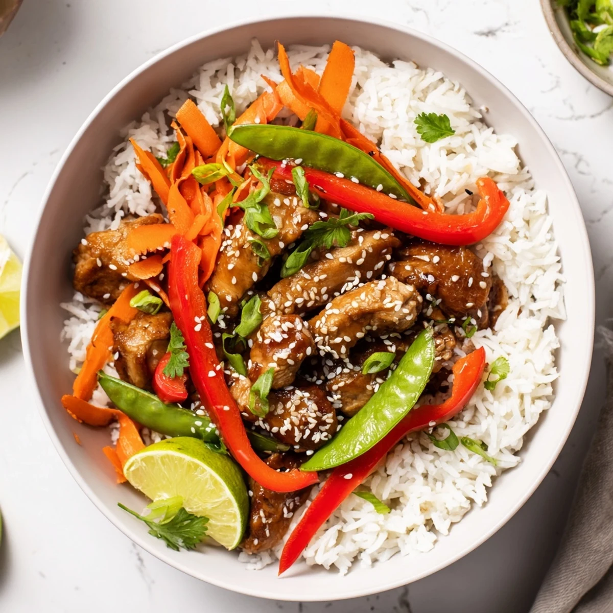 Golden chicken pieces and colorful veggies atop a fresh Sesame Ginger Rice Bowl, ready to eat.