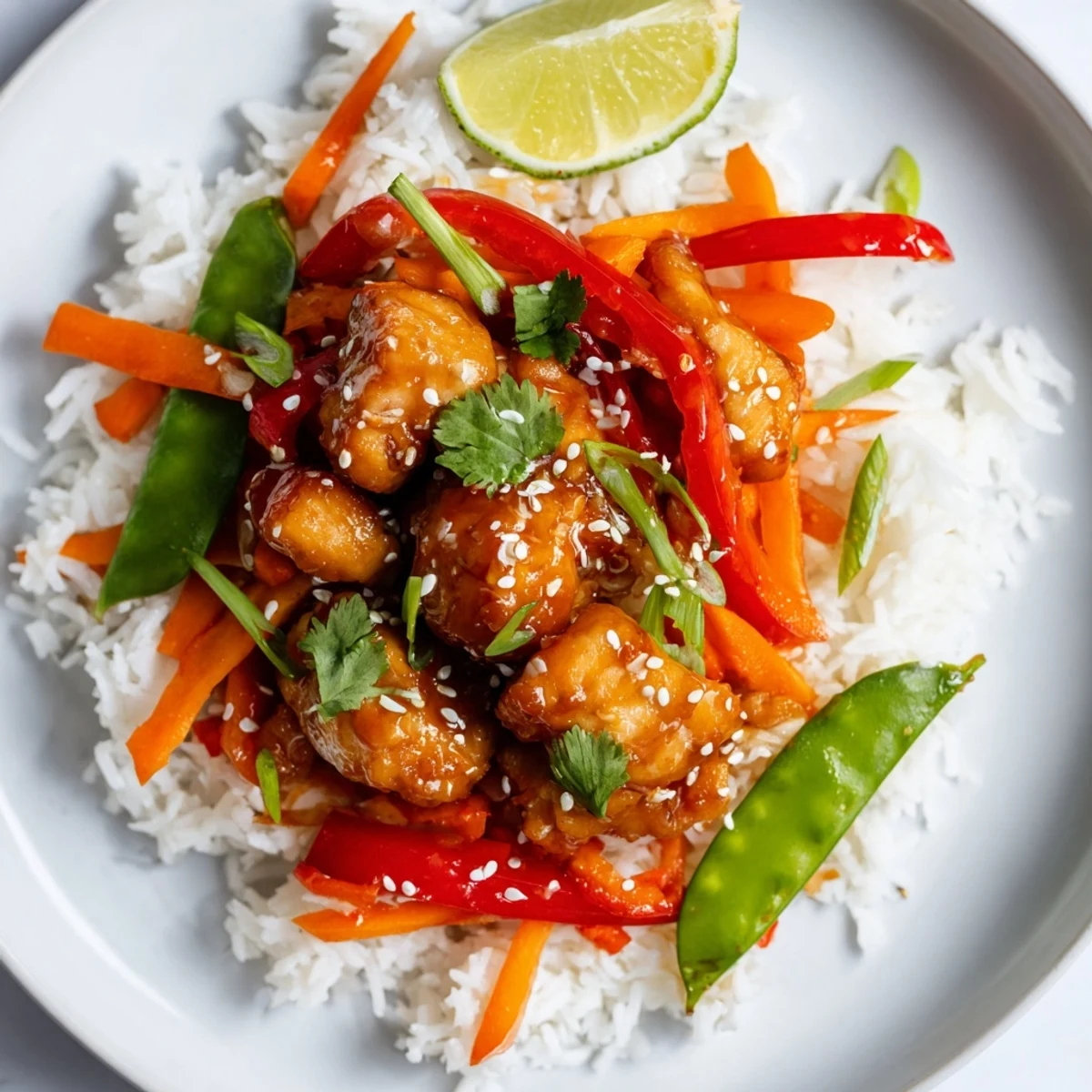 A satisfying Sesame Ginger Rice Bowl shows tender chicken, vibrant vegetables, and glistening sauce in a bowl.