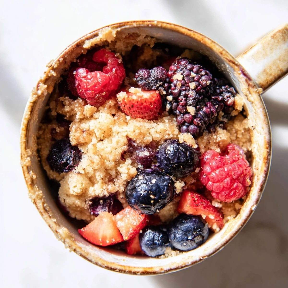 Golden-brown Mixed Berry Cobbler Mug Cake, warm and bubbly, ready for a sweet bite.