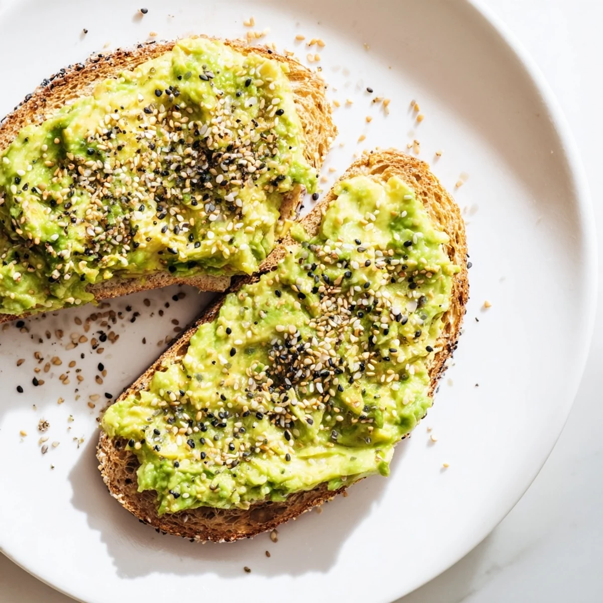 Close-up of fresh avocado toast, a quick vegetarian meal flavored with everything seasoning's savory goodness.
