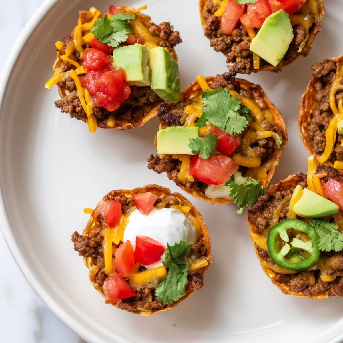 Golden, cheesy Mini Taco Cups filled with seasoned beef, ready to be topped with fresh cilantro.