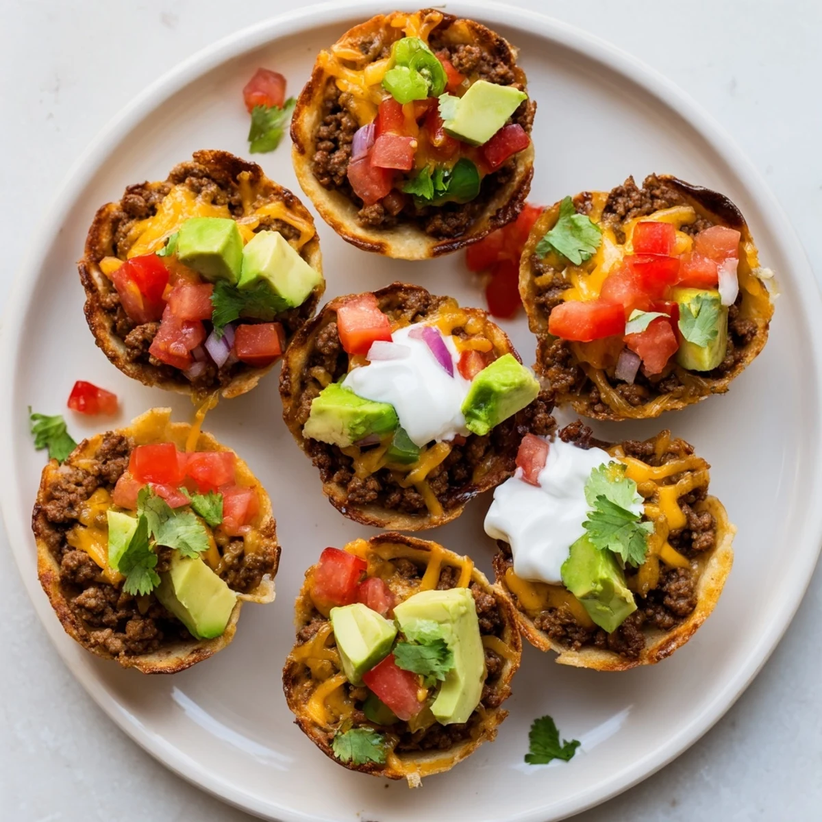 A close-up of fully loaded, appetizing Mini Taco Cups, perfect for a fun appetizer.