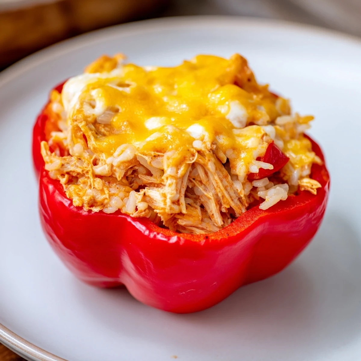 Golden, bubbly Cheesy Chicken Stuffed Peppers overflowing with savory chicken and cheddar cheese; a comforting family meal.