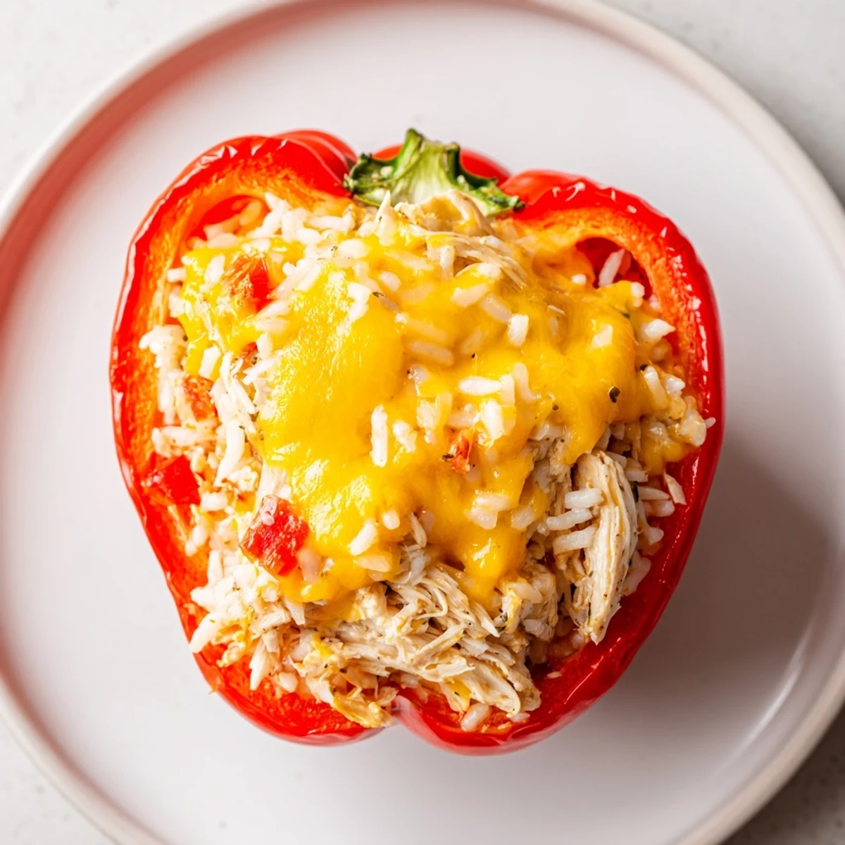 Freshly baked Cheesy Chicken Stuffed Peppers, an easy and delicious gluten-free American comfort food dinner with fluffy rice.