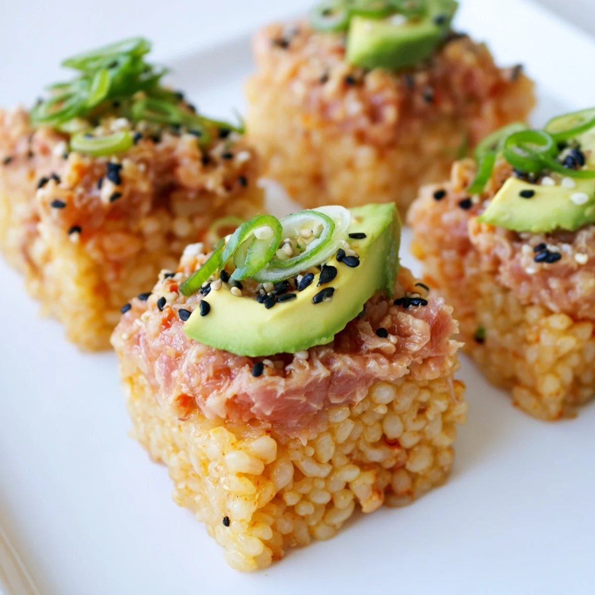 Golden-brown Spicy Tuna Crispy Rice appetizers are topped with creamy tuna and avocado, perfect as a snack.