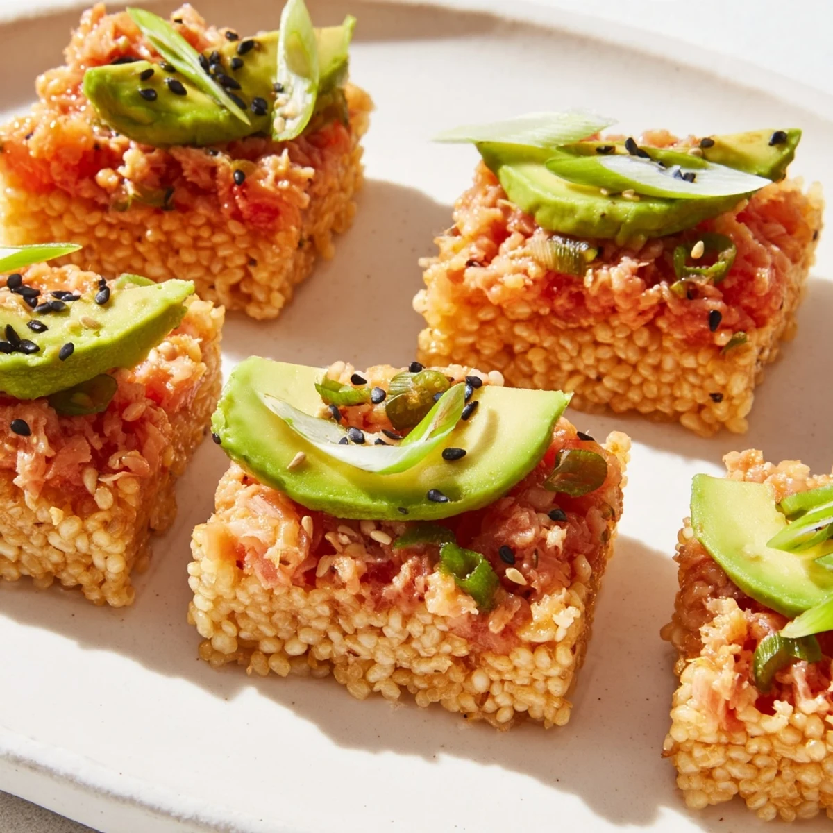Beautifully plated Spicy Tuna Crispy Rice features crispy rice squares with spicy tuna and fresh avocado slices.