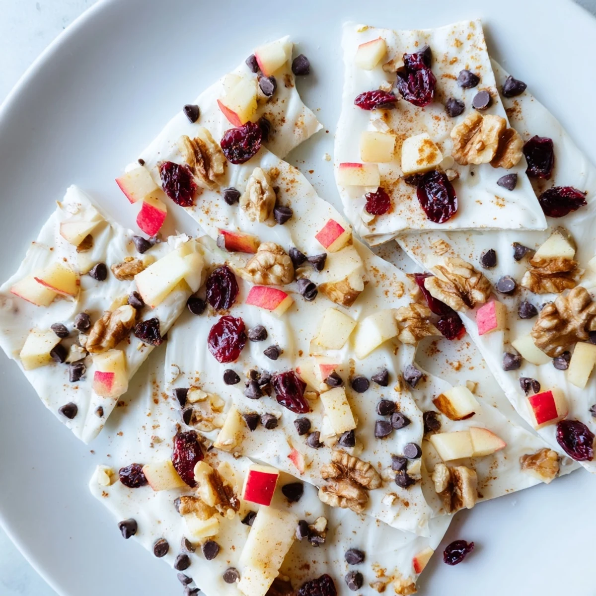 Frozen Apple Cinnamon Yogurt Bark glistening with fresh apple pieces and a cinnamon dusting.