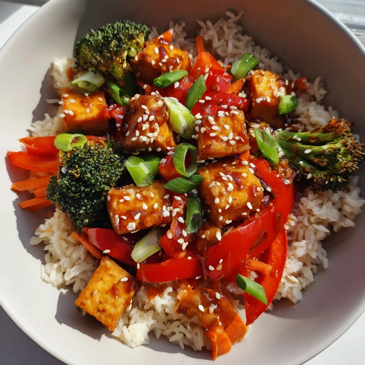 Crispy tofu and colorful vegetables in a glistening honey garlic sauce for these bowls.