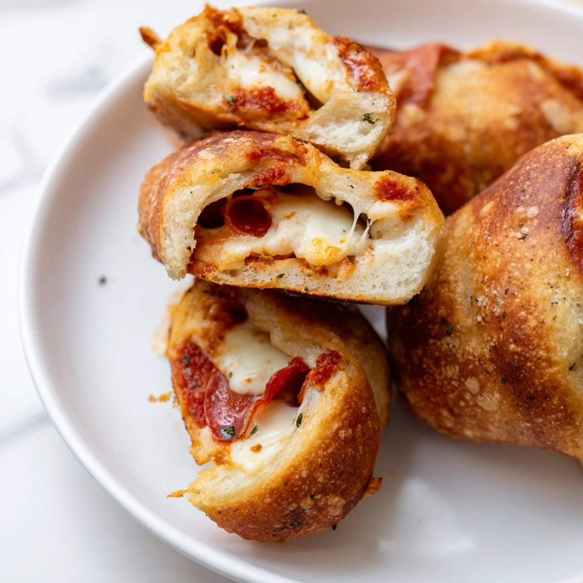 Golden-brown Air Fryer Pizza Rolls, filled with melty cheese, perfect for dipping in pizza sauce.