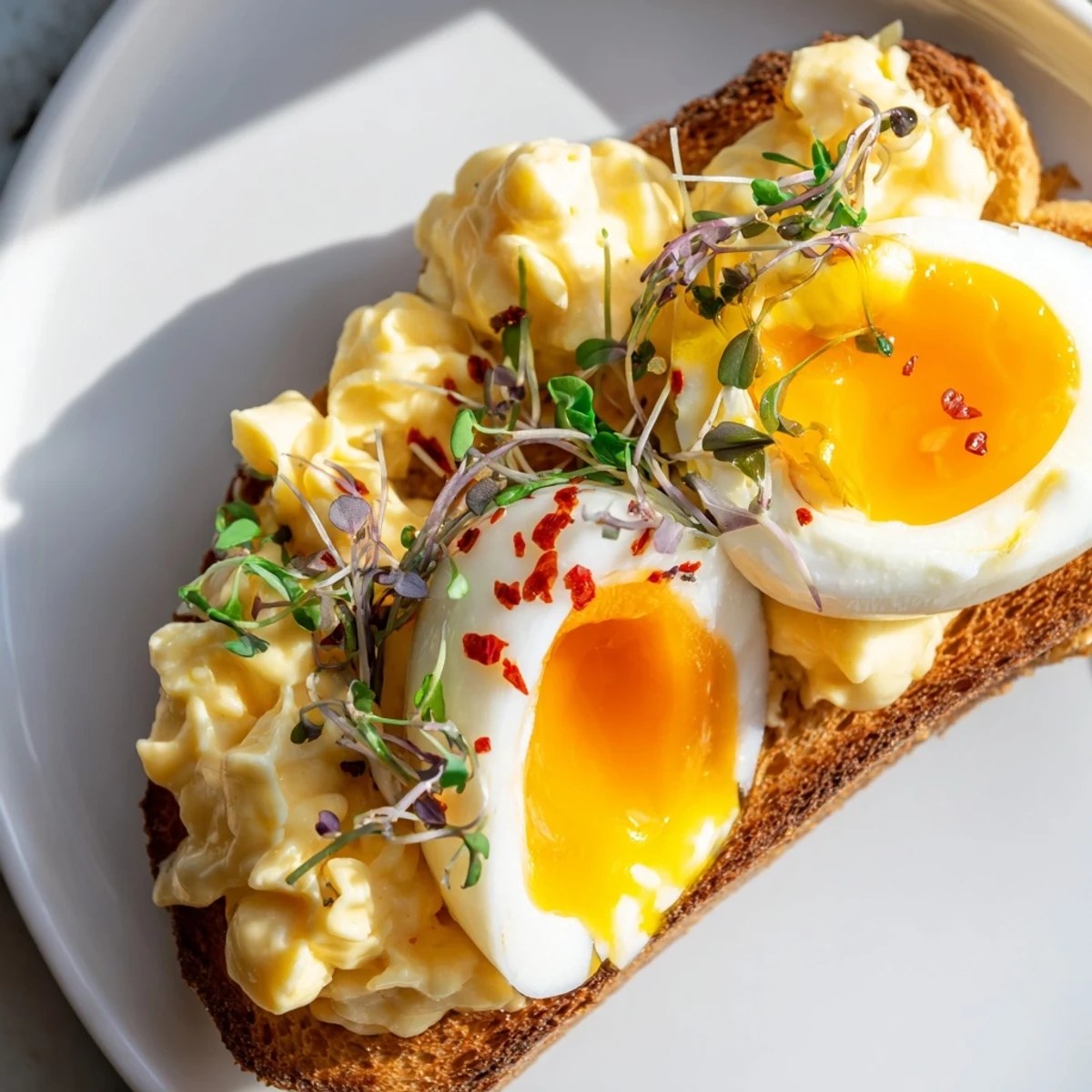 Golden toast topped with a flight of eggs: soft-boiled, scrambled, and fried, a vibrant breakfast.