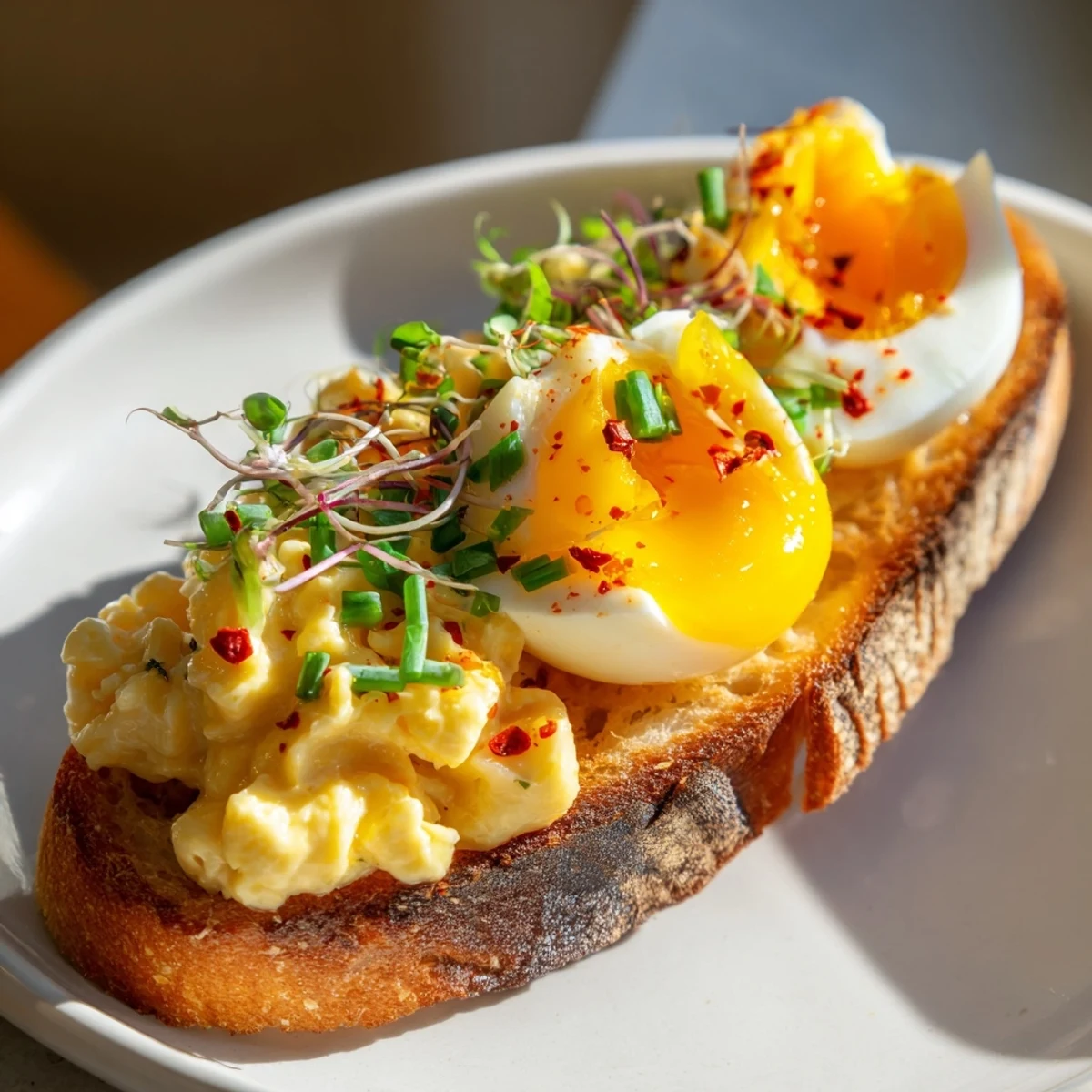 A close-up of Egg Flight Toast showcases fluffy scrambled, golden fried, and creamy soft-boiled eggs.