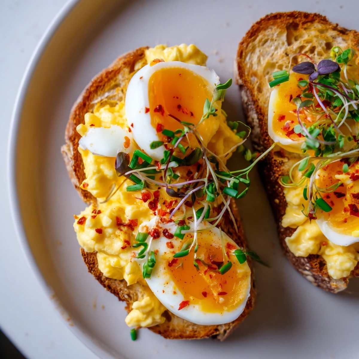Enjoy a visually appealing Egg Flight Toast, perfectly toasted bread supporting three delicious egg preparations.