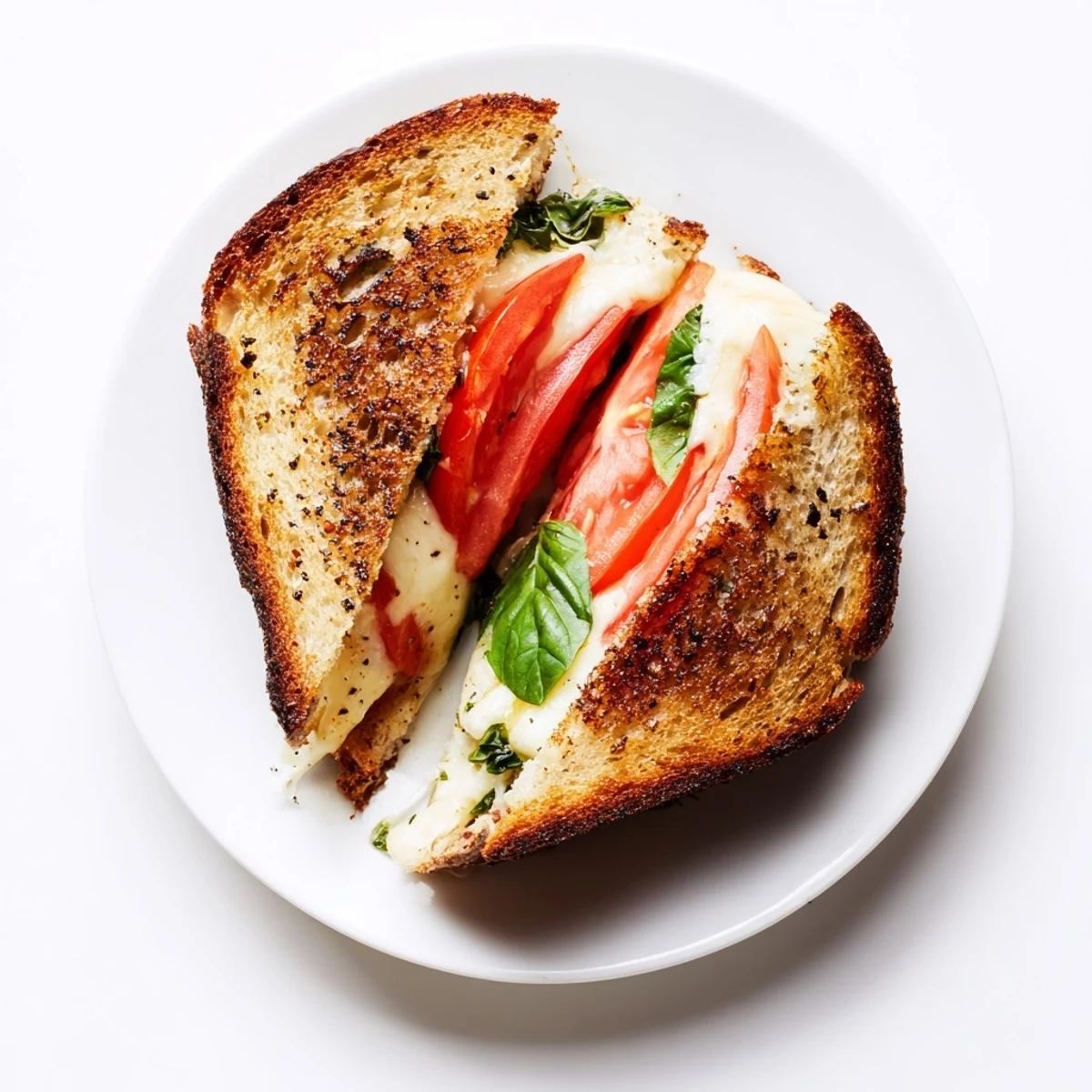Fresh tomato basil grilled cheese, oozing melted cheese between golden-brown, crispy bread slices, ready to serve.