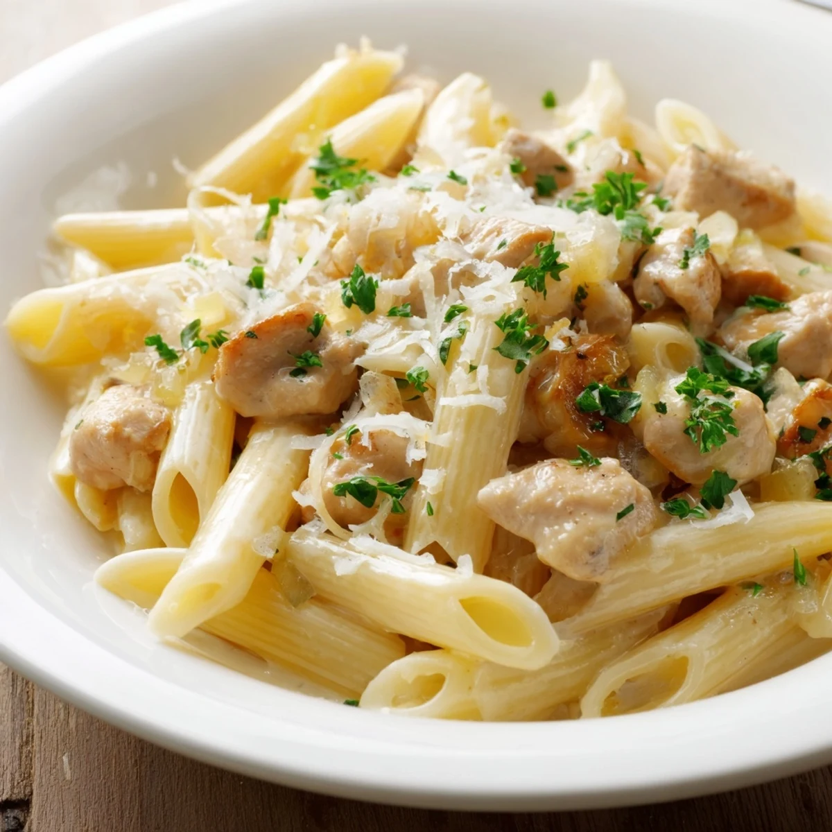 Golden, glistening Quick Garlic Parmesan Chicken Pasta with creamy sauce, ready to serve with extra parsley.