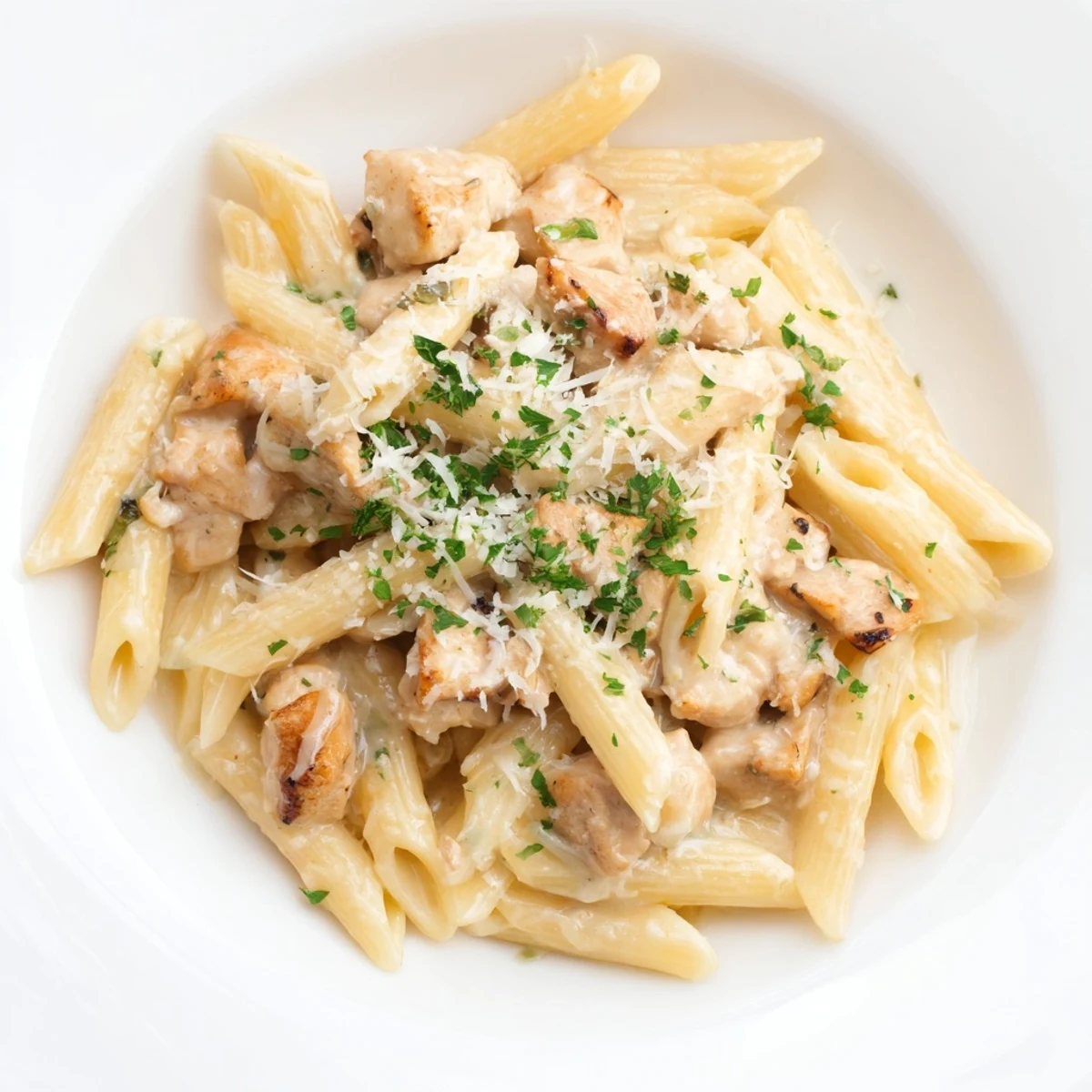 Tender chicken and pasta simmering in a skillet of Quick Garlic Parmesan Chicken Pasta, a delicious, one-pan meal.
