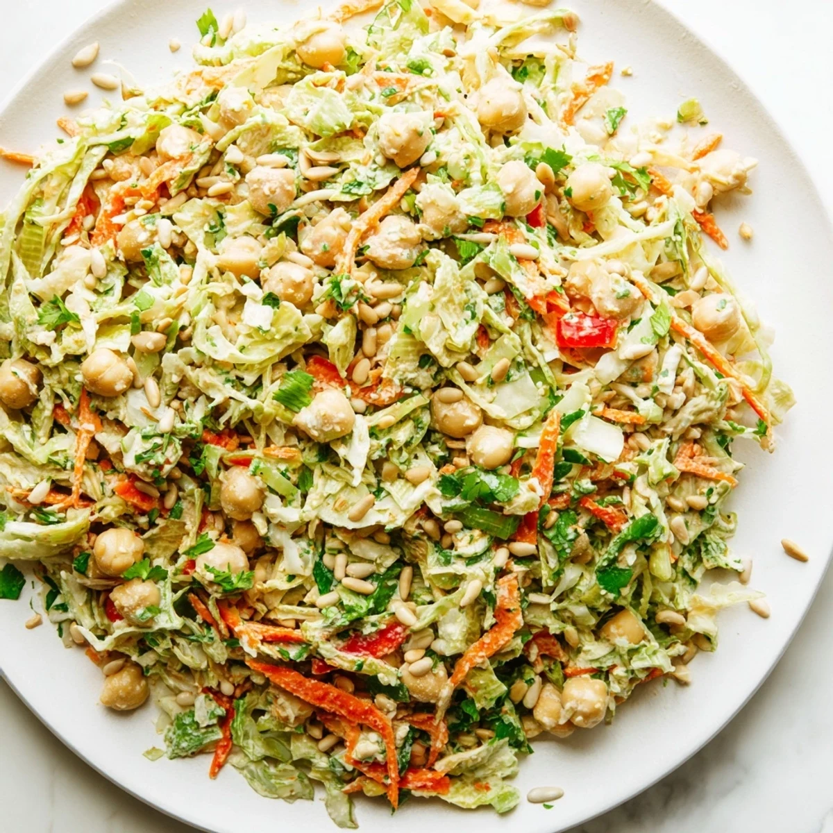 Vibrant Fiber-Forward Chickpea Salad, a colorful mix of chickpeas, cabbage, and carrots, ready to enjoy.